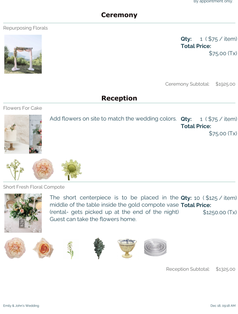Floral Proposal Item List Invoice With Flower Details